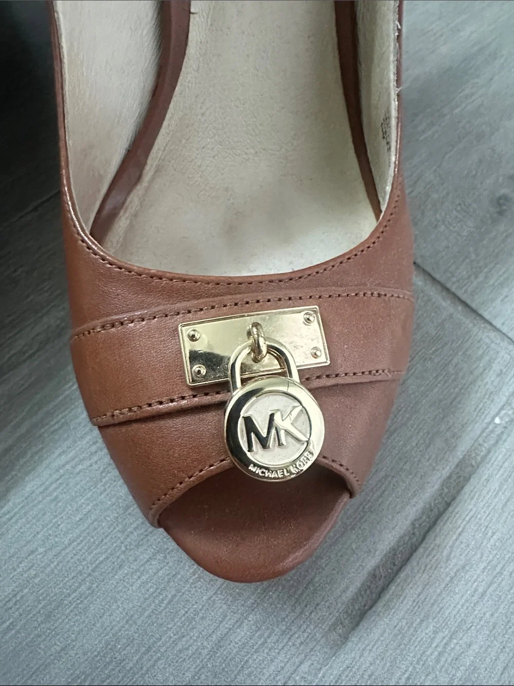 Michael Kors Cognac Leather Peep-Toe Platform Pumps with Gold Emblem